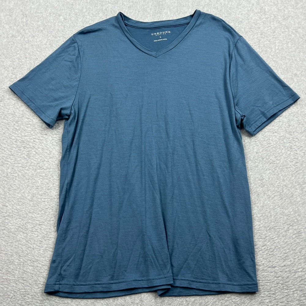 Unbound Shirt Mens Large Blue V-Neck 100% Merino Wool Fine Lightweight SS Tee